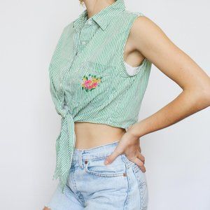 Vintage Cropped Green Striped Tie Front Vest Top by Andrew